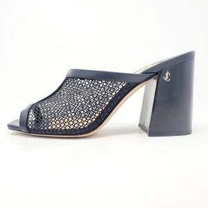 Jimmy Choo LOGO Heels Sandals Joud Black Leather Caged Mesh Mule Shoes EU 38.5